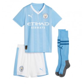 Otroški Nogometni dresi Manchester City Erling Haaland #9 Domači 2023-24 Kratek Rokav (+ Kratke hlače)